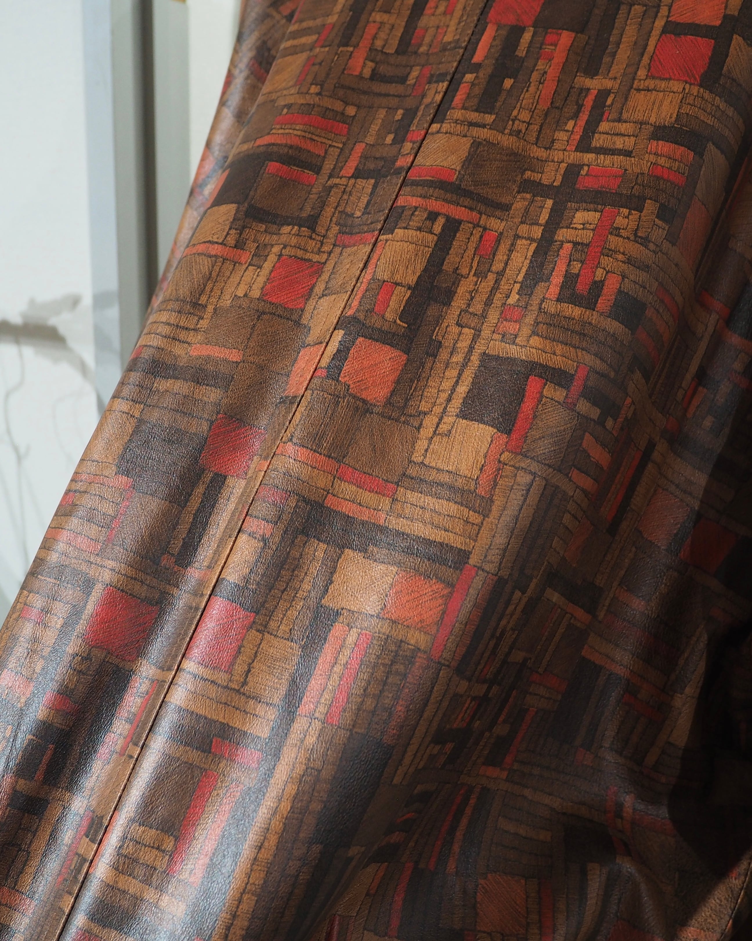 1990s Beautiful Abstract Square Pattern Vintage Loose Sheep Leather Jacket
