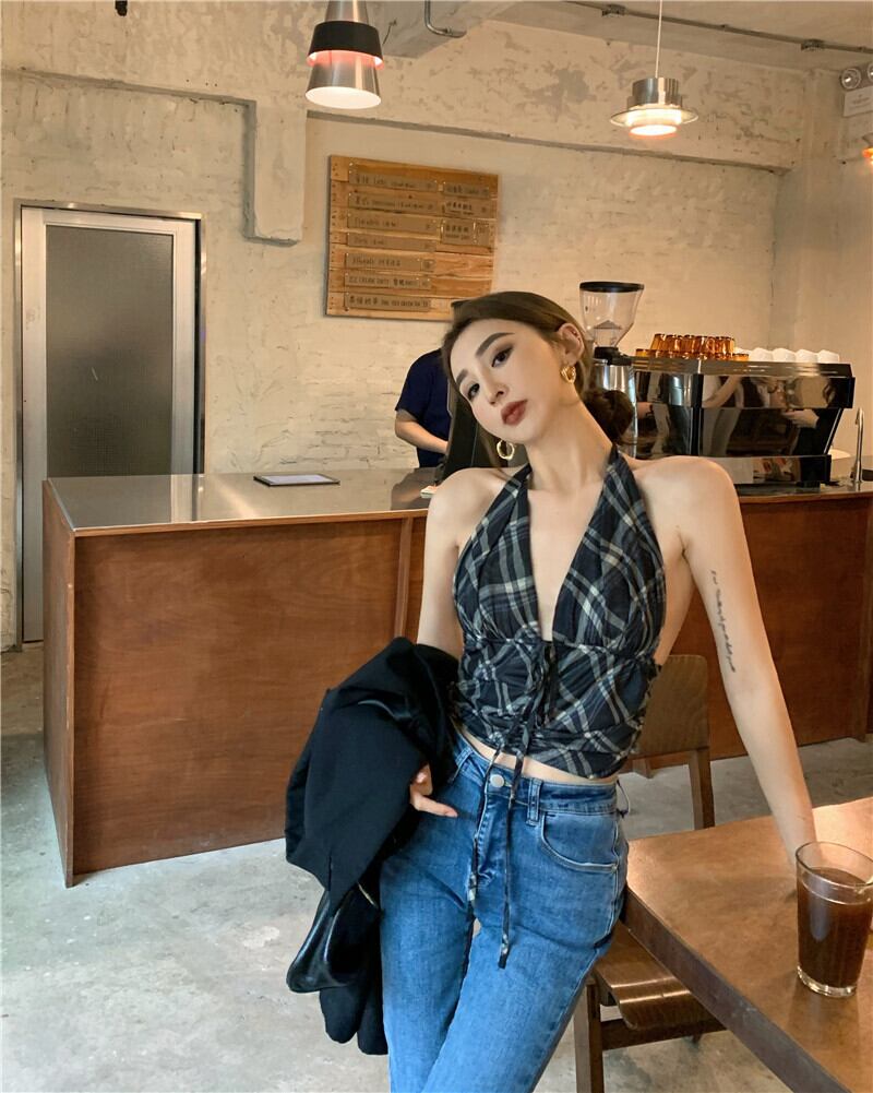 サマー格子柄ショートストラップ ホルタートップス 夏物 ブラックストロベリース92883087070