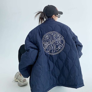 ★予約★D-1393　2026秋新作♡STEFFPICK刺繍ロゴ中綿キルティングコート　ネイビー