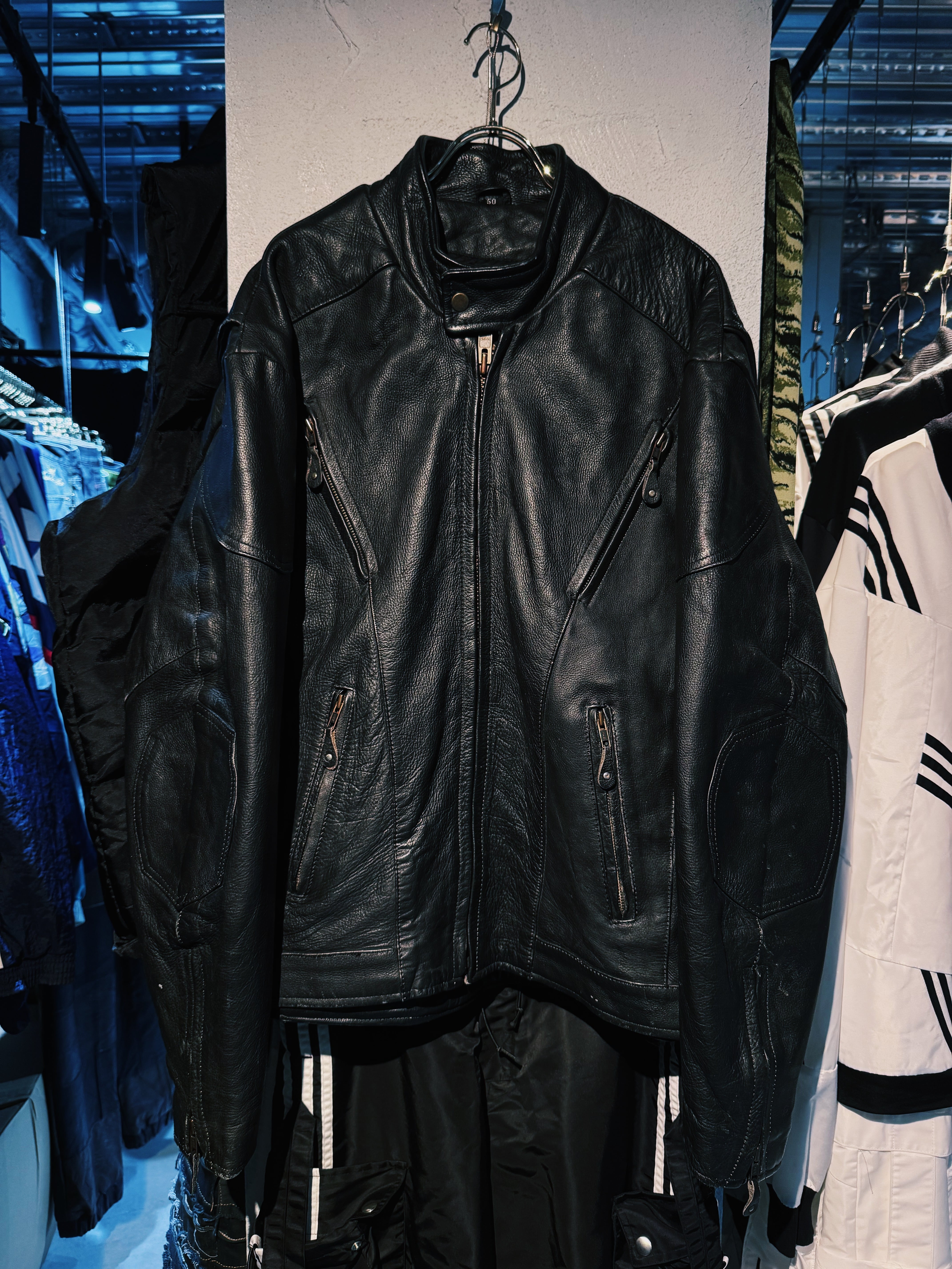 【D4C】90's vintage Racing design single black genuine leather jacket