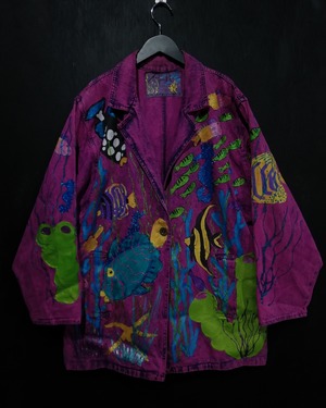 【WEAPON VINTAGE】80's Glitter Sea Creature Paint Custom Design Tailored Type Loose Denim Jacket