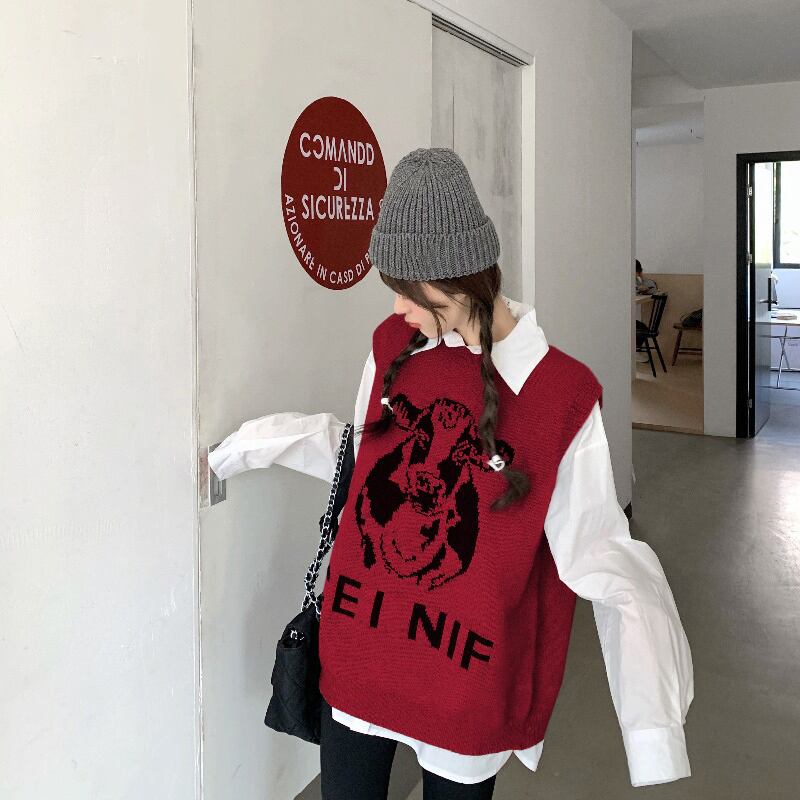 ウールニットジャケット レディーススタイルスタンダードレッドルーズ レトロ オータム 秋物 ウィンター 冬物 ブラックストロベリース37113396903