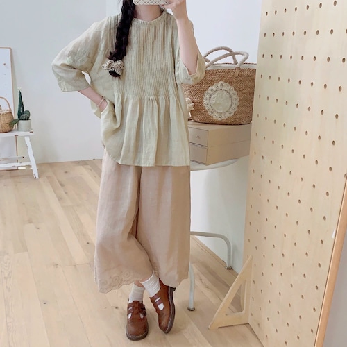 2色/刺繍スカラップリネンワイドパンツ ・11962