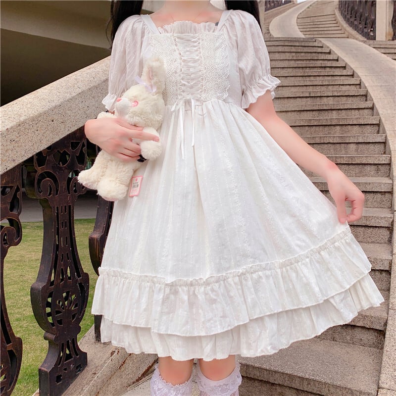 半袖ワンピース　ロリータ服　レース　レースアップ　白　ロリータ衣装　ドレス　可愛い　ワンピース　フリル　学生　lolita 8603