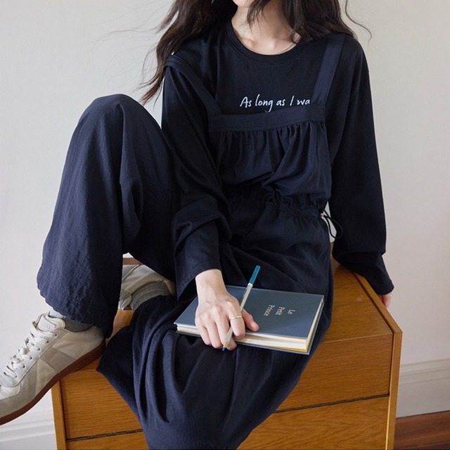 ギャザーウエストドローストリングサロペット　A01784