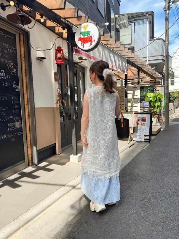 nana_142cm様着用〉ロングレースジレ×チェック柄サスペンダードレス