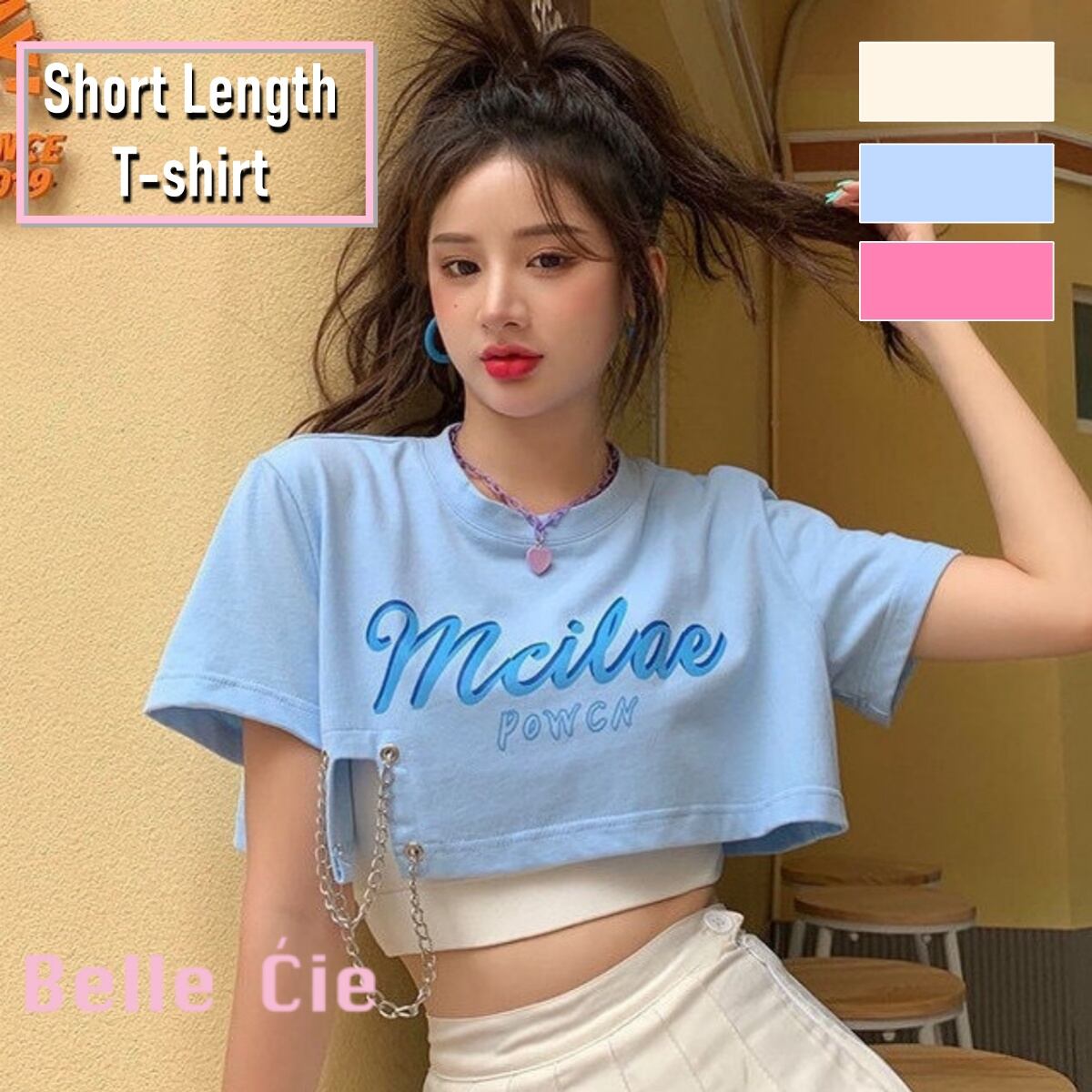 短丈Tシャツ レディース ショート丈 夏 チェーン使い Tシャツ カットソー オルチャン 韓国ファッ