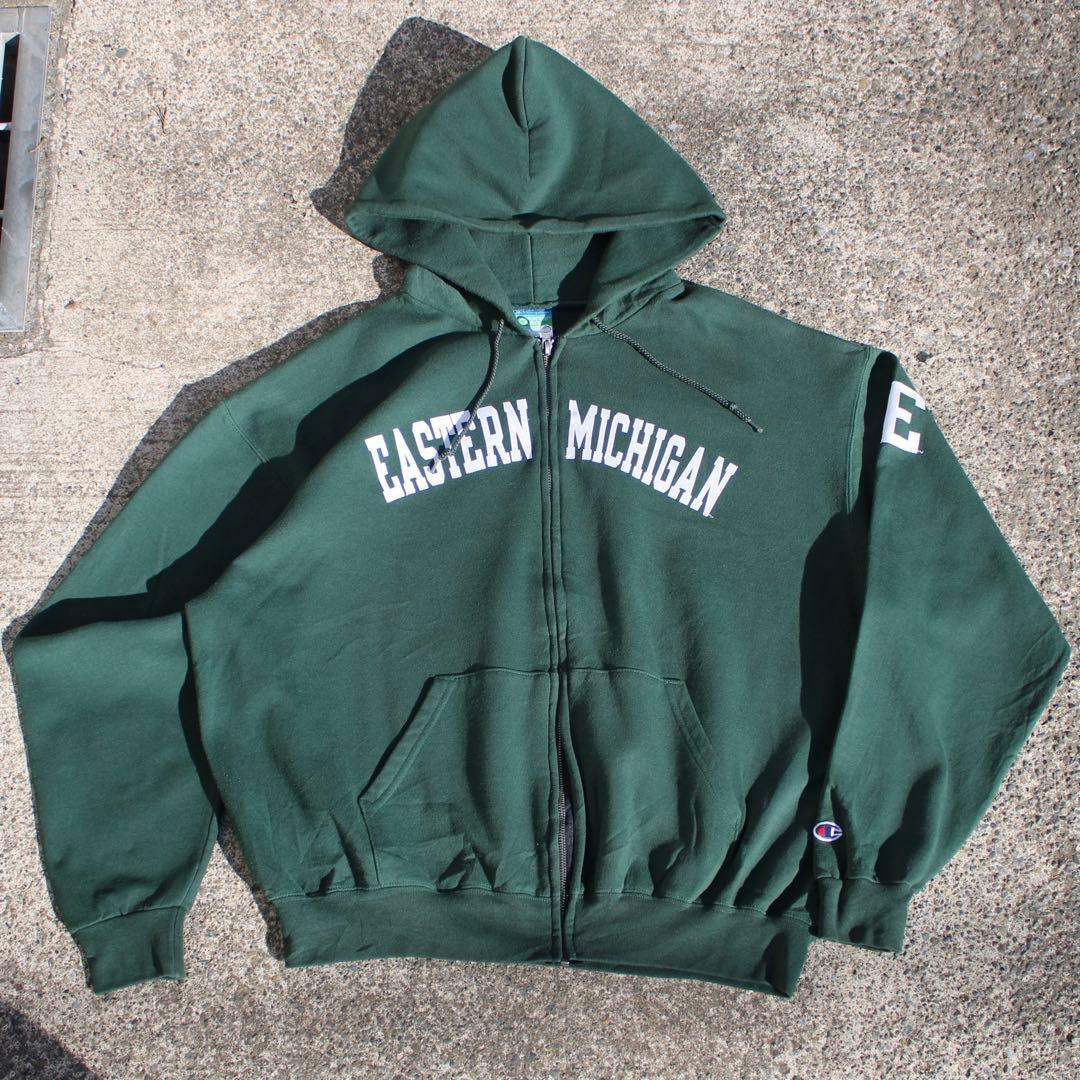 【Lサイズ】Champion US企画 × イースタン ミシガン大学 ルーズシルエット 古着 ジップアップパーカー