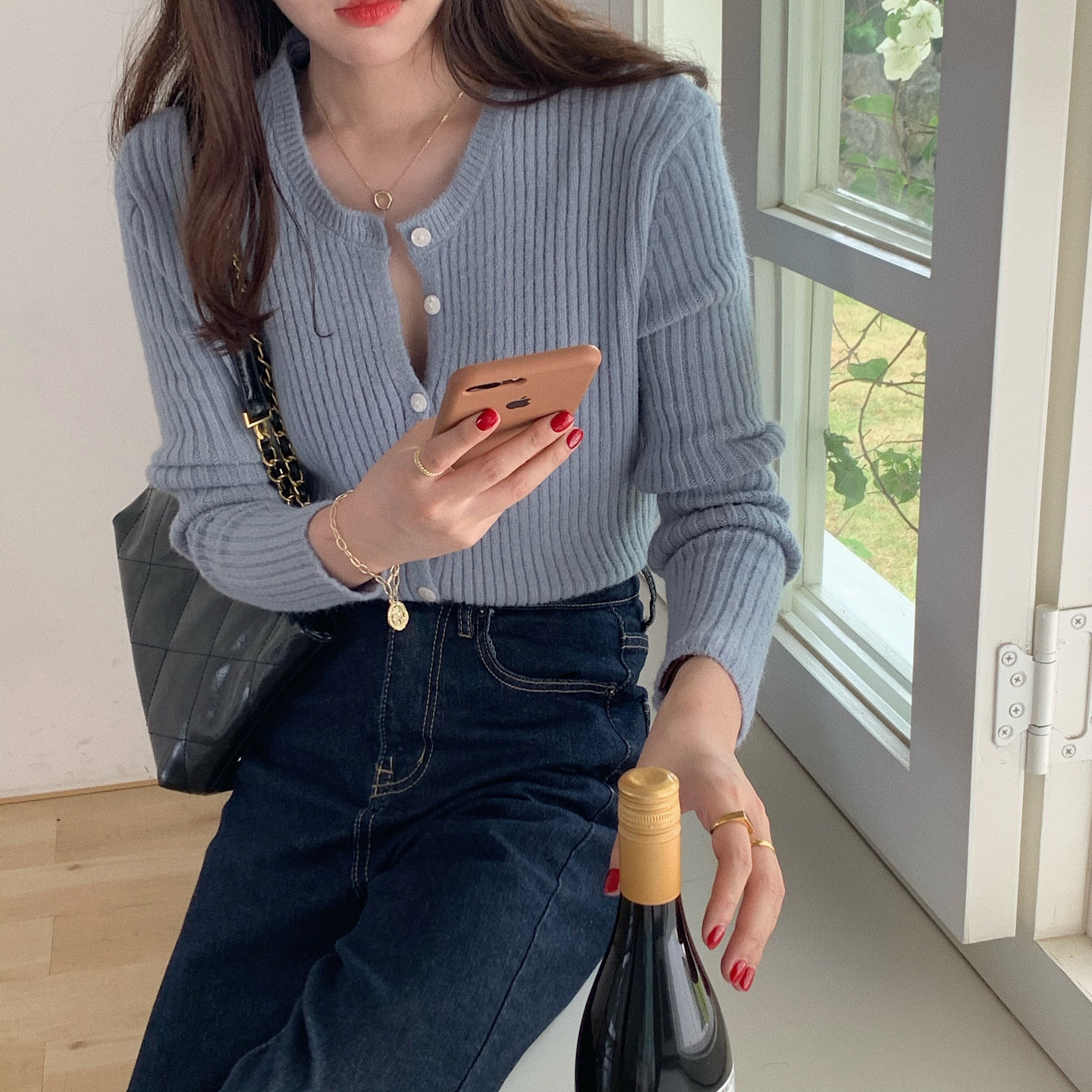 ベーシックブルーニットカーディガンオータムストライプトップス ロング 秋物 モンロー72713717480