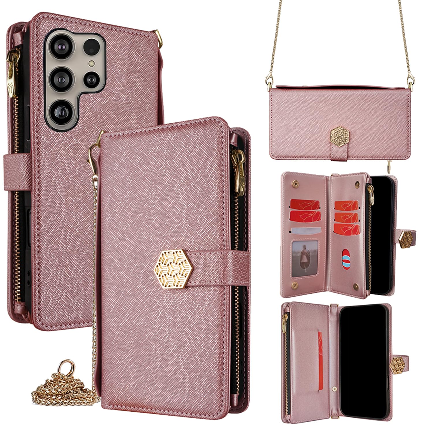 For Galaxy S25 Ultra ケース 手帳型 ショルダー For ギャラクシーS25ウルトラ SC-52F/SCG32 カバー 財布型 肩がけ 手提げ可能 斜めがけ 高級PUレザー ロングストラップ マグネット式 大容量収納 耐久性 7カード+3お札+1ジッパーポケット 防指紋 女性用 贈り物 COCOCLOUD ピンク
