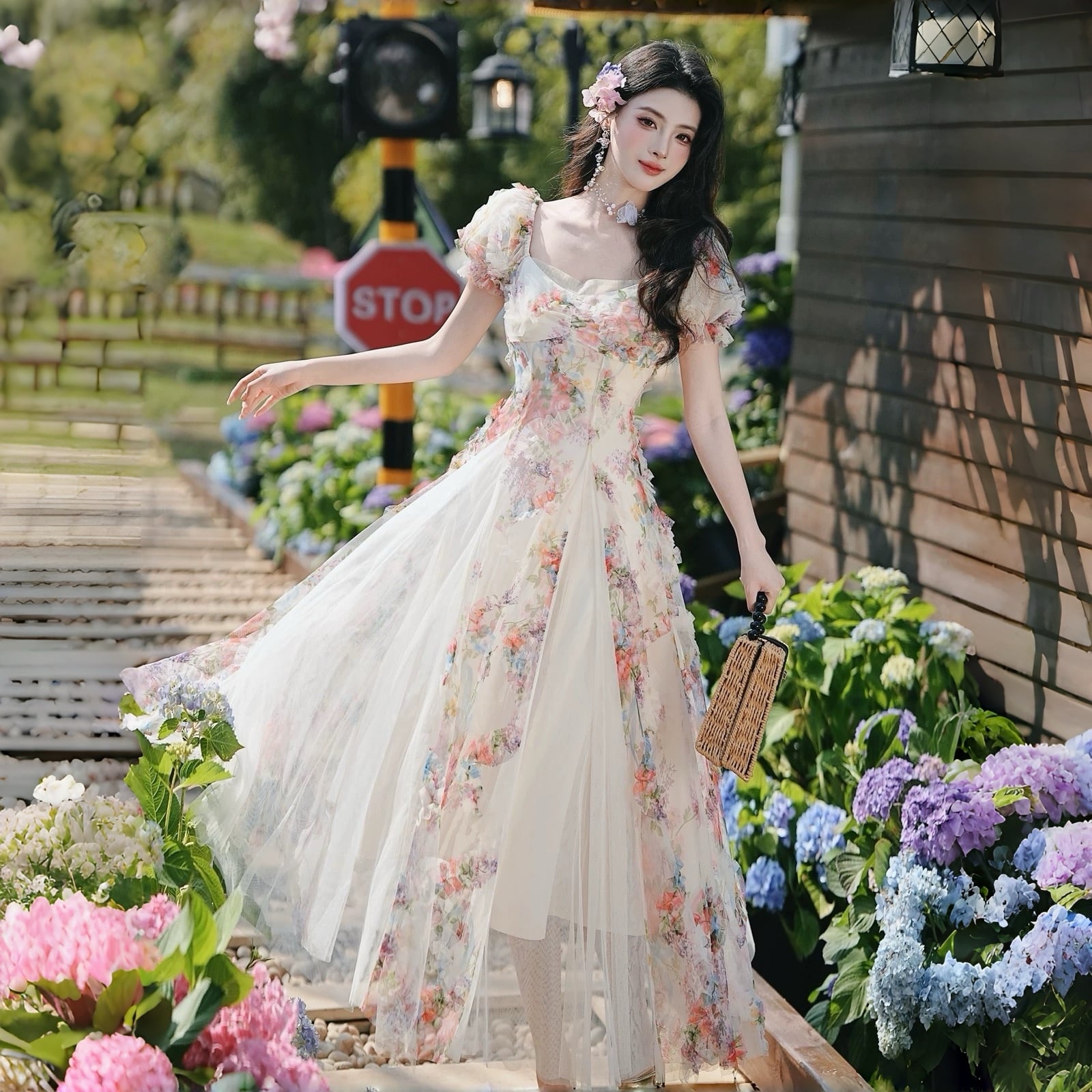 【dress】立体フラワーチュールドッキングロングワンピース K0556