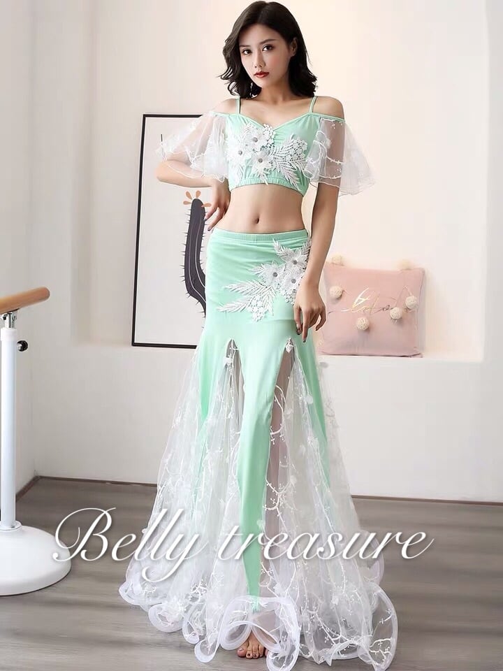 ベリーダンス トップス スカート2点セットライトグリーン Lサイズ MZCT4082