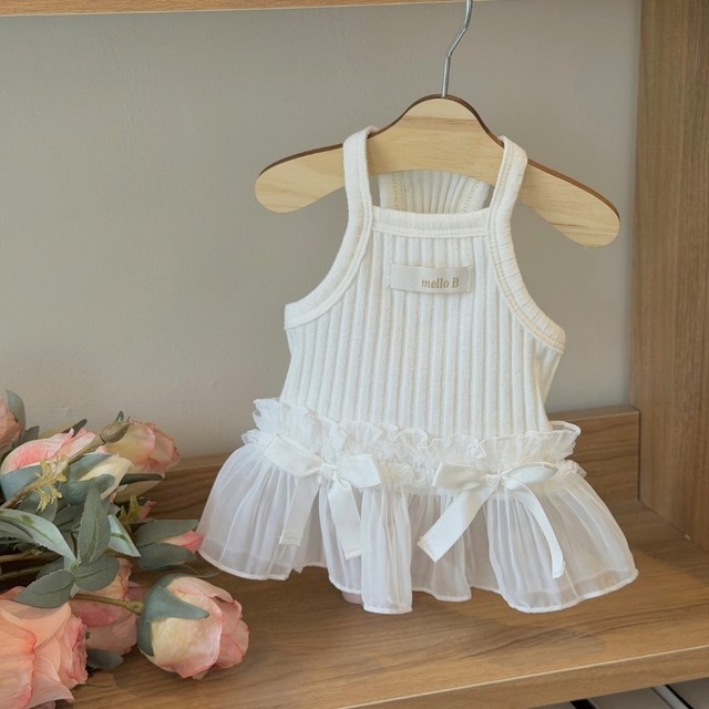 即納販売　melloB  Frill Sleeveless Dress　（white）チュチュワンピース　韓国犬服　
