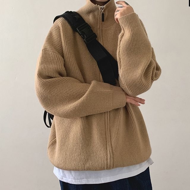 予約販売 タートルネック ニット セーター メンズ カーディガン ジッパーデザイン ジップアップ ハイネック ビッグシルエット グレー ブラック ブラウン ホワイト カジュアル シック 男前 こなれ感 お洒落 韓国 トレンド 秋 冬 M L Xl 2xl Favoriteselect