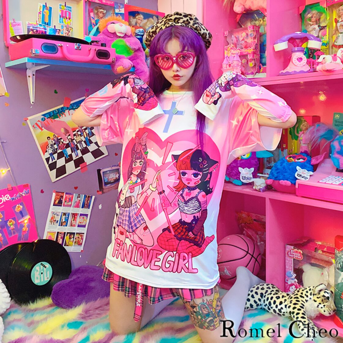 お支払い確認後20日以内発送】RomelCheo 袖付き 原宿 イラスト tシャツ 