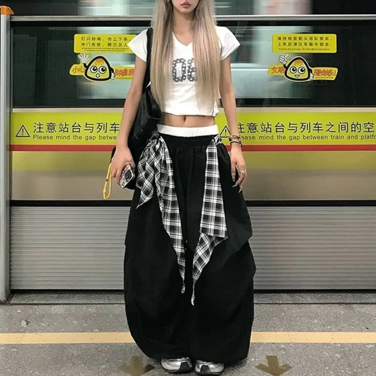 腰巻き 重ね着 チェック柄 ロング パンツ ドッキング 黒 韓国 