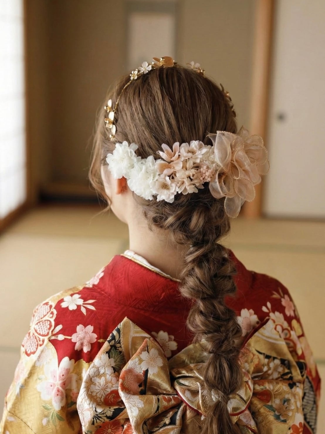 【真鍮フラワーカチューシャ髪飾り くすみピンク】成人式 卒業式 結婚式 k-0073