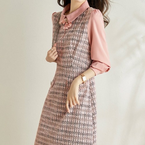 ワンピース ミニ丈 長袖 ツイードワンピ ワンピ Aライン スタンダードカラー リボンタイ 大きいサイズ 大人可愛い きれいめ お出かけ デート 女子会 お出かけ レディース 上品