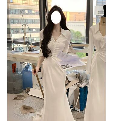 シャツカラーVネックギャザーウエストマーメイドロングワンピース レディース長袖ドレス アイボリー ブラック