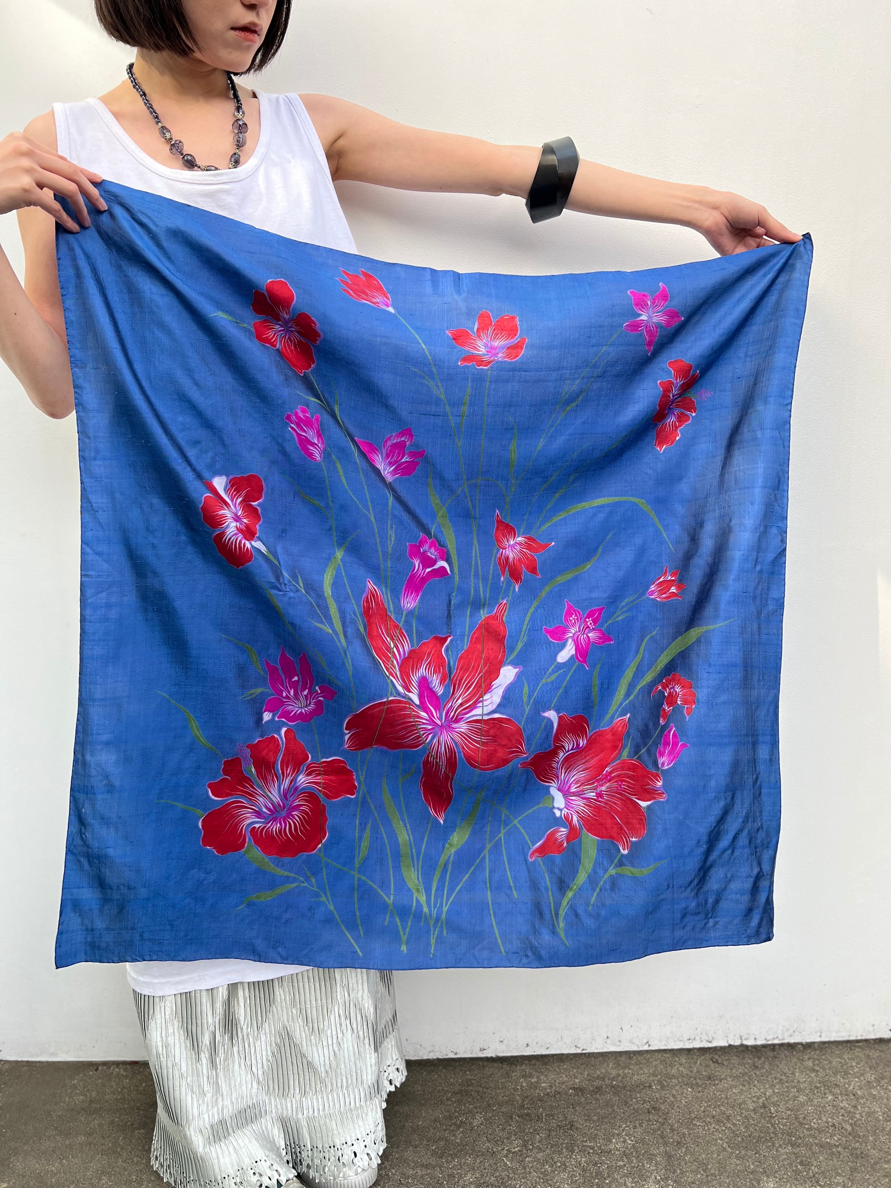 Vintage Thai silk navy × floral scarf ( ヴィンテージ タイシルク