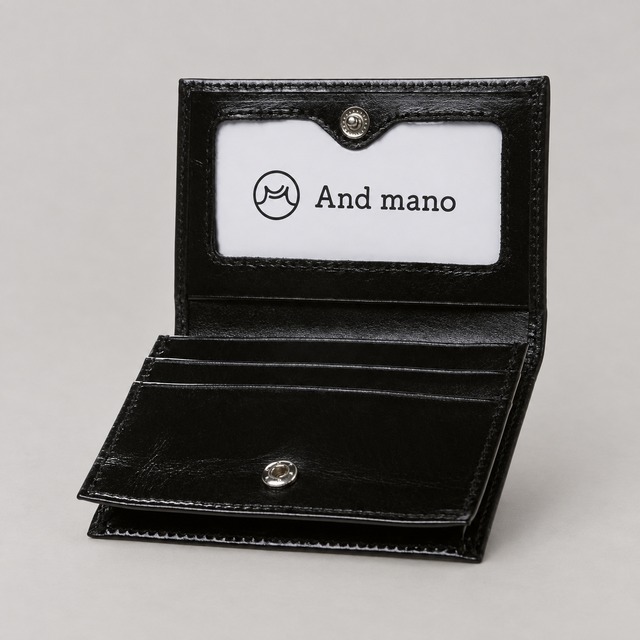 And mano 窓付き名刺入れ ブラック/ネイビー 本革 イタリアンレザー 50枚収納 パスケース付き メンズ レディース