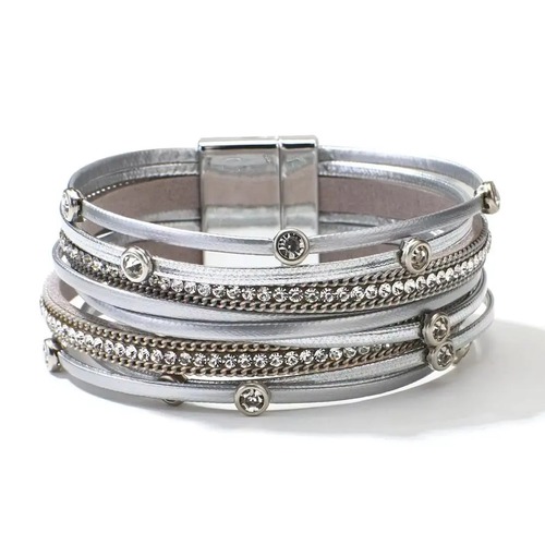 バングル ブレスレット  ラインストーン クリスタル シンプル レザー レディース メンズ 多層 マルチレイヤー ファッション