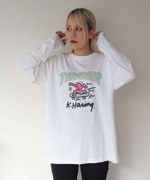 THRASHER×KeithHaring (スラッシャー×キース・ヘリング) SK8 CREWNECK コラボ ロンT ホワイト 長袖  KH-TH2110