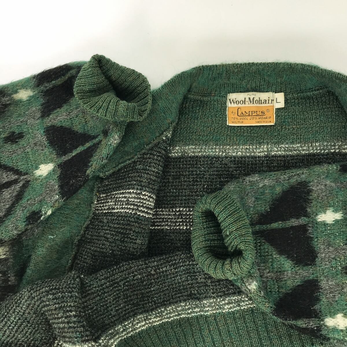 60s CAMPUS アルパカ ウール カーディガン ビンテージ グリーン CAMPUS キャンパス 60年代 USA製 総柄 ウール モヘア