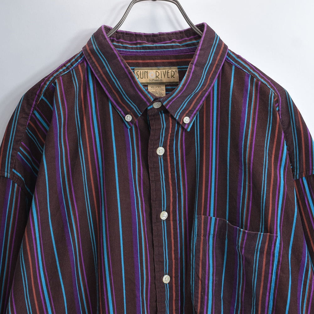 90~00s SUN RIVER マルチストライプ ボタンダウン デザイン コーデュロイ シャツ ダークブラウン マルチカラー ヴィンテージ ビンテージ USA アメリカ古着 メンズXLサイズ