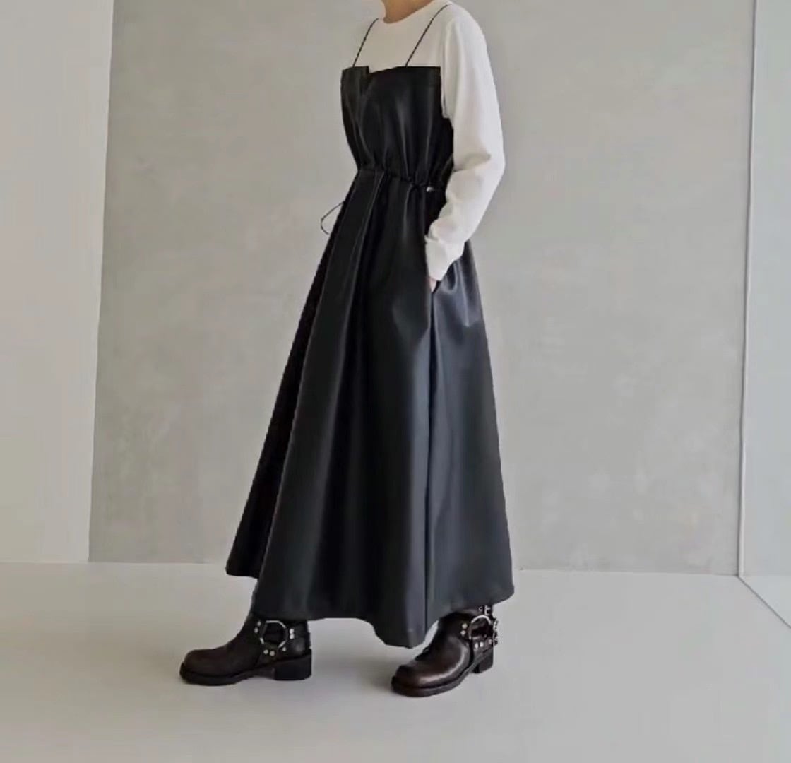 LT1714】fake leather one-piece/Tシャツ&フェイクレザー ワンピース