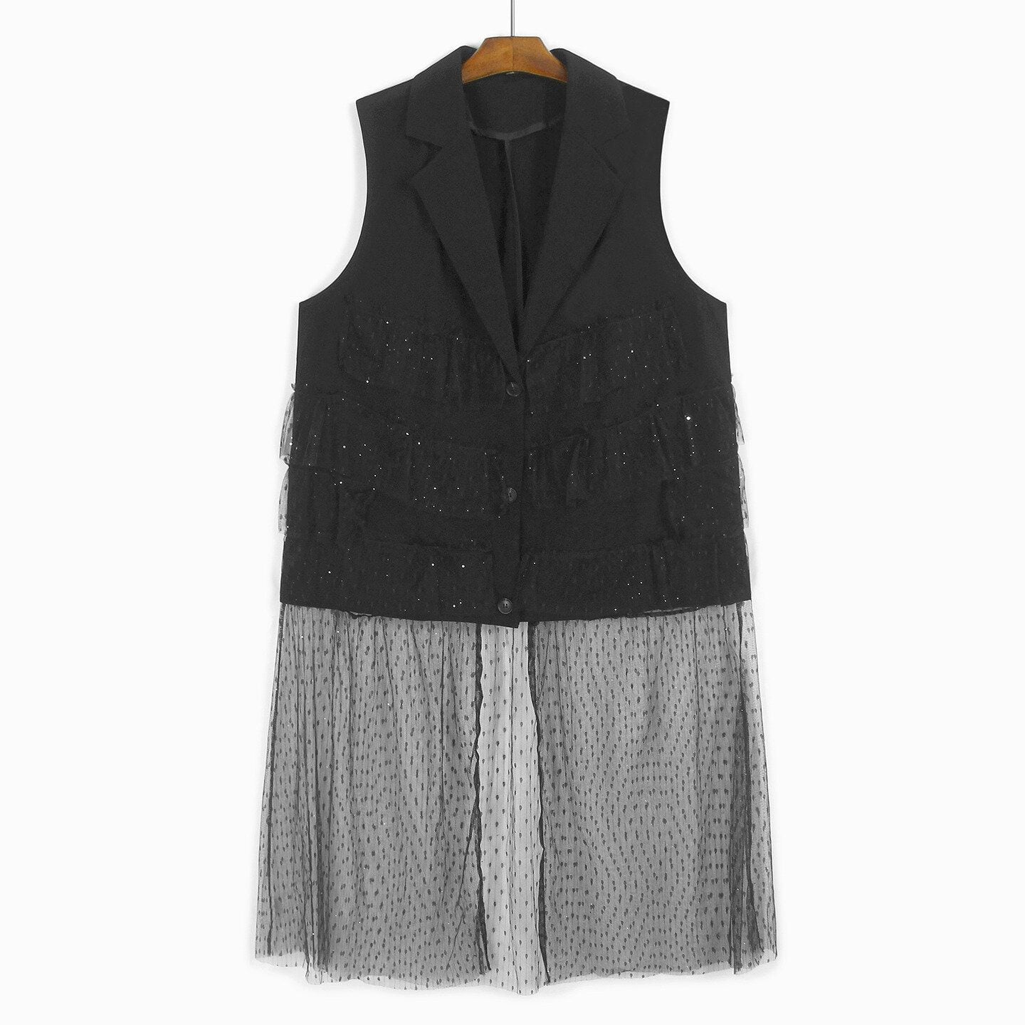 MESH STITCHED HEM A-LINE V-NECK VEST JACKET 1color M-14789