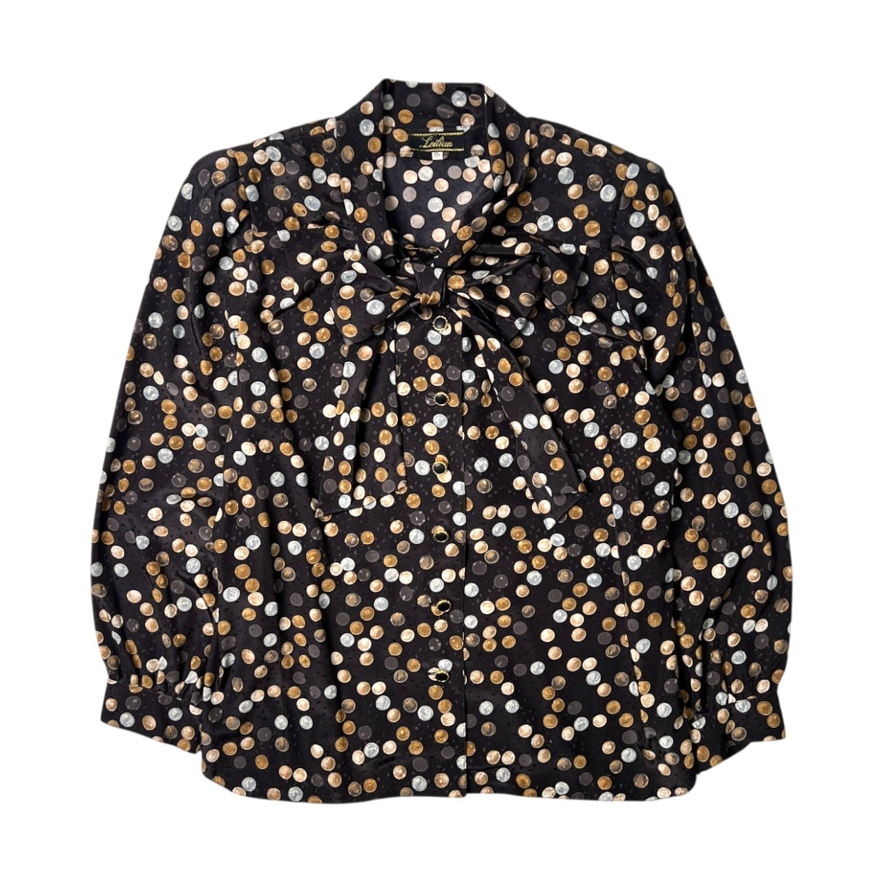 Leilian レリアン ドット柄 長袖ボウタイブラウス 17＋/ブラック /リボン レトロ