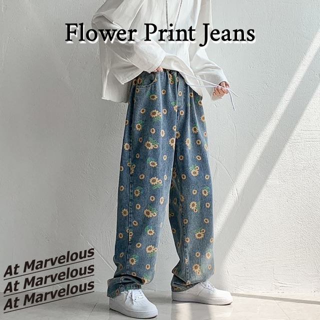 デニムパンツ メンズ ひまわり ストリートファッション 花柄 フラワー ゆったり ワイドパンツ ワイ