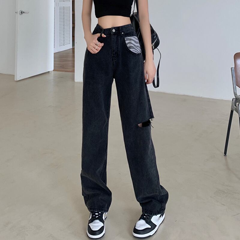 ブラックジーンズ スプリングオータム薄手ハイウェストパンツ ルーズ 春物 秋物 スーパーモール48088787783