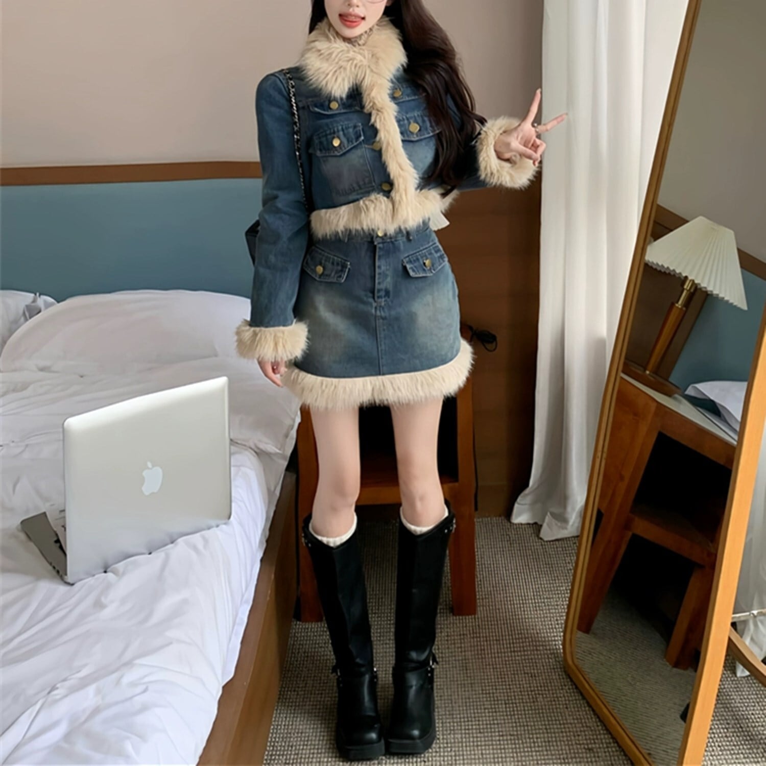 おしゃれ ファー ノーカラ― スカート セット ジャケット set】ファー付きデニムジャケット×スカートセット N2291 | nanastyle