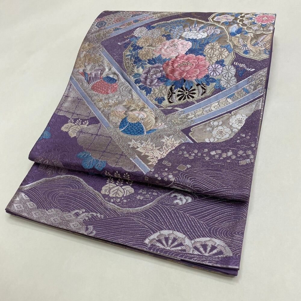 中古 礼装袋帯 正絹 連続模様 六通柄 パープル Bランク 435cm 6031
