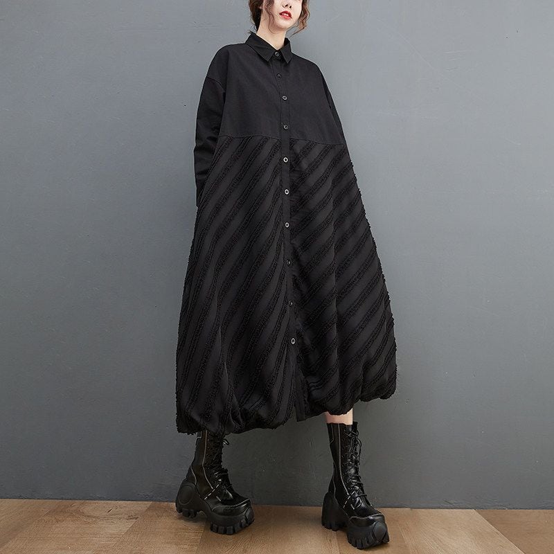 STRIPED STAND COLLAR LONG SHIRT DRESS M-18222