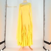 社交ダンス 衣装 スタンダードドレス スタンダード ドレス ワンピース 黄色 無地 レース イエロー系 長袖 パーティ 発表会 綺麗 きれい ふんわり揺れるスカート おしゃれ デザイン Mサイズ イベント用 ダンス衣装 フォーマル ダンスパーティ 華やか エレガント