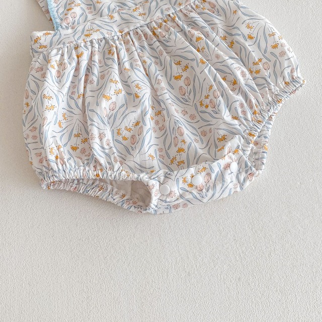 【セット】ボリューム袖半袖Tシャツ小花柄サスペンダーロンパースセット - 18