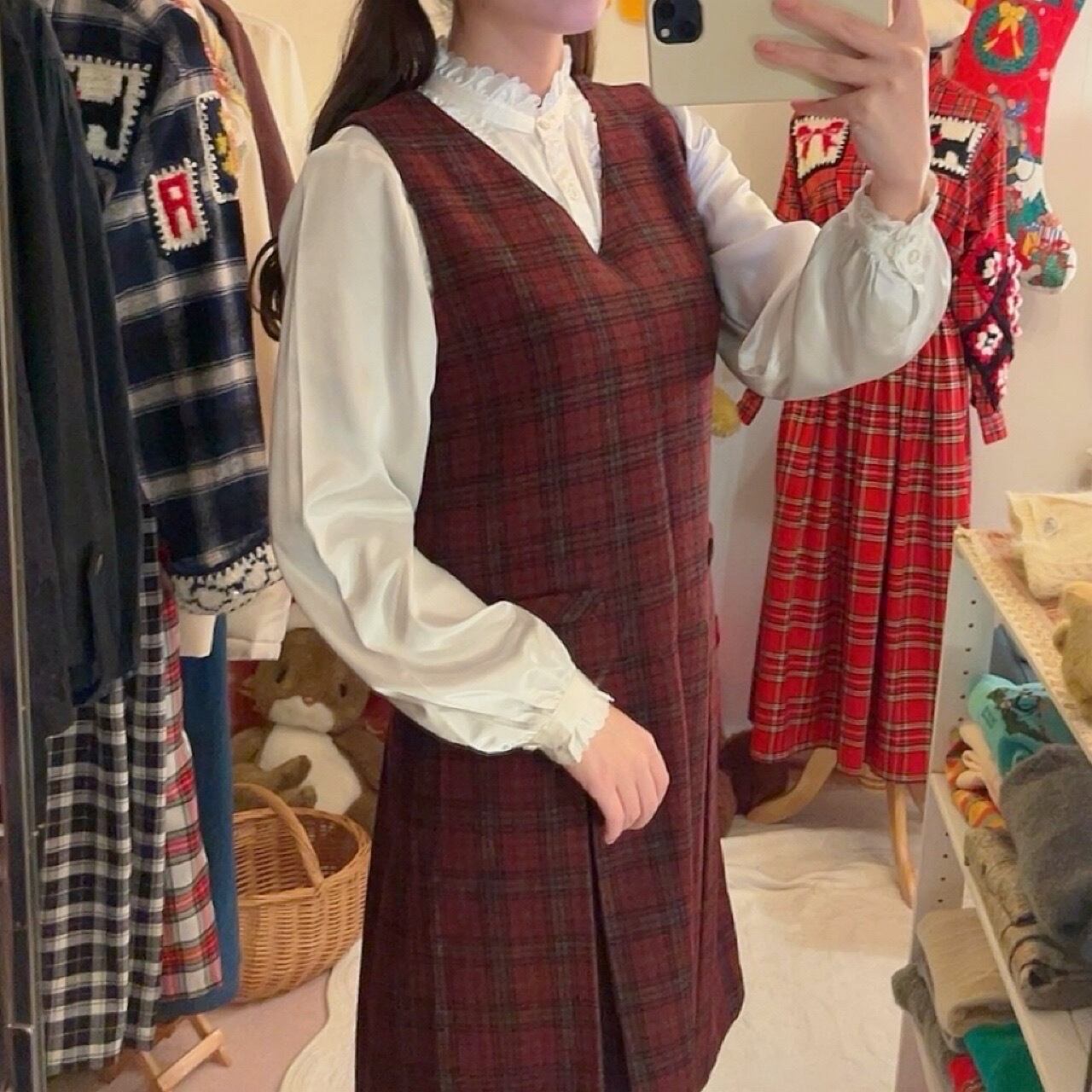 red check back button jumper skirt