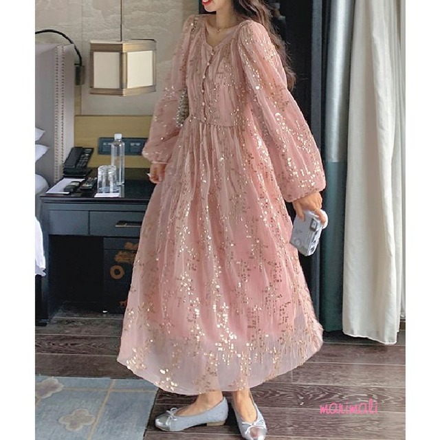 スパンコール シアー フレアワンピース 25121