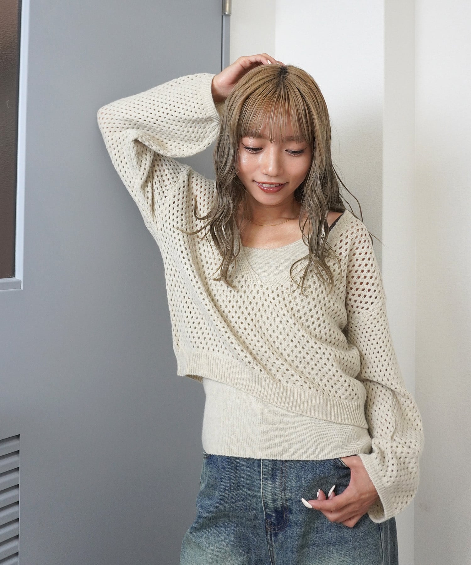 【2枚セットで着回し◎】キャミ付深V透かし編ニット 5840142(0813)