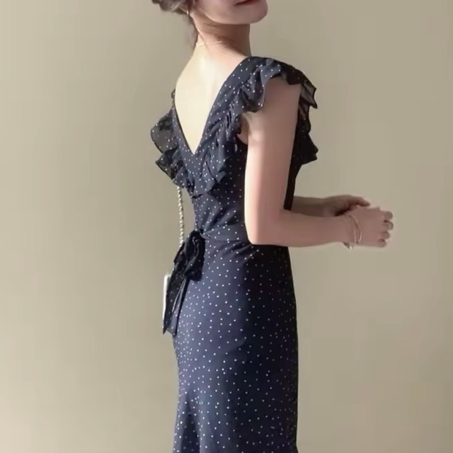 ドット柄バックリボンワンピース