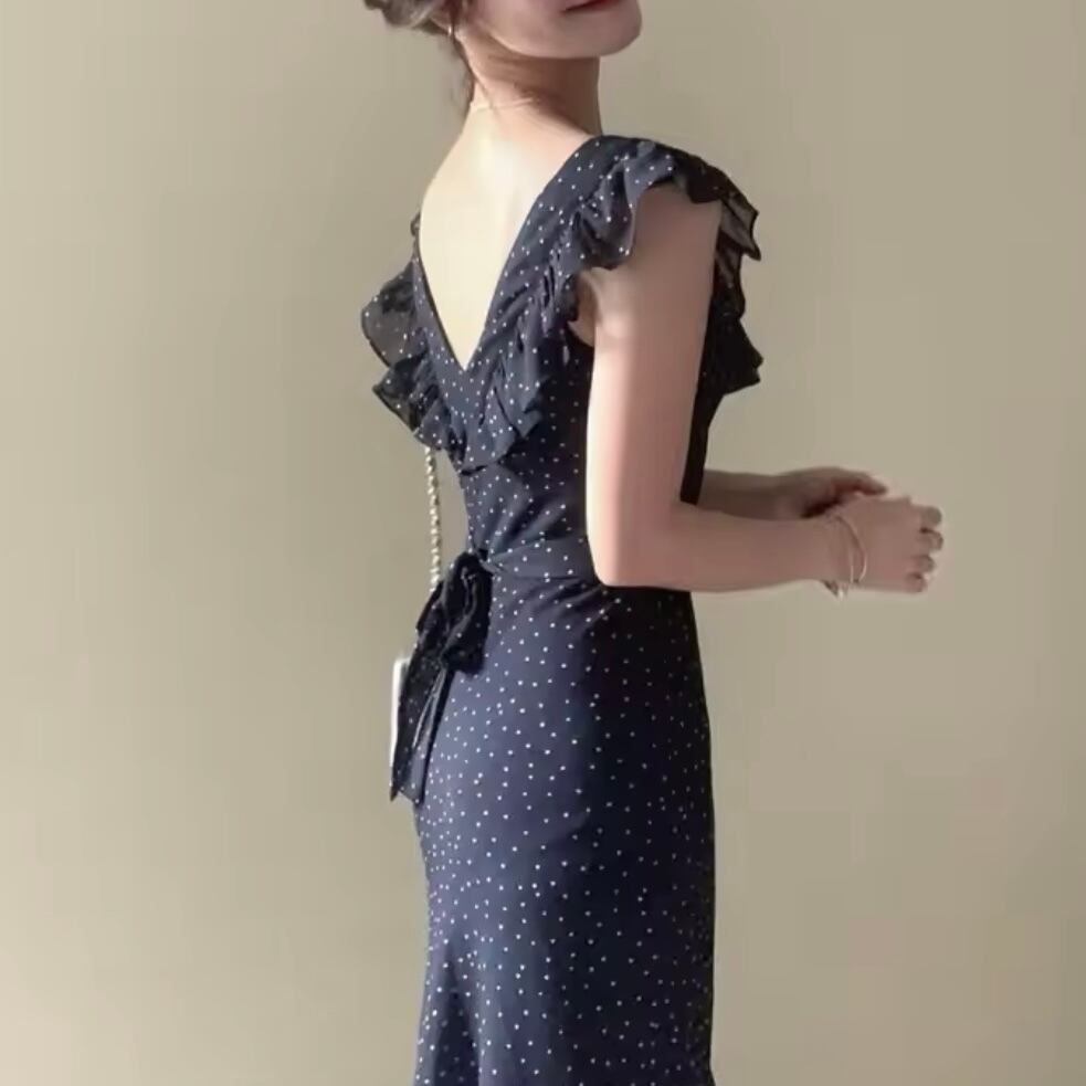 ドット柄バックリボンワンピース
