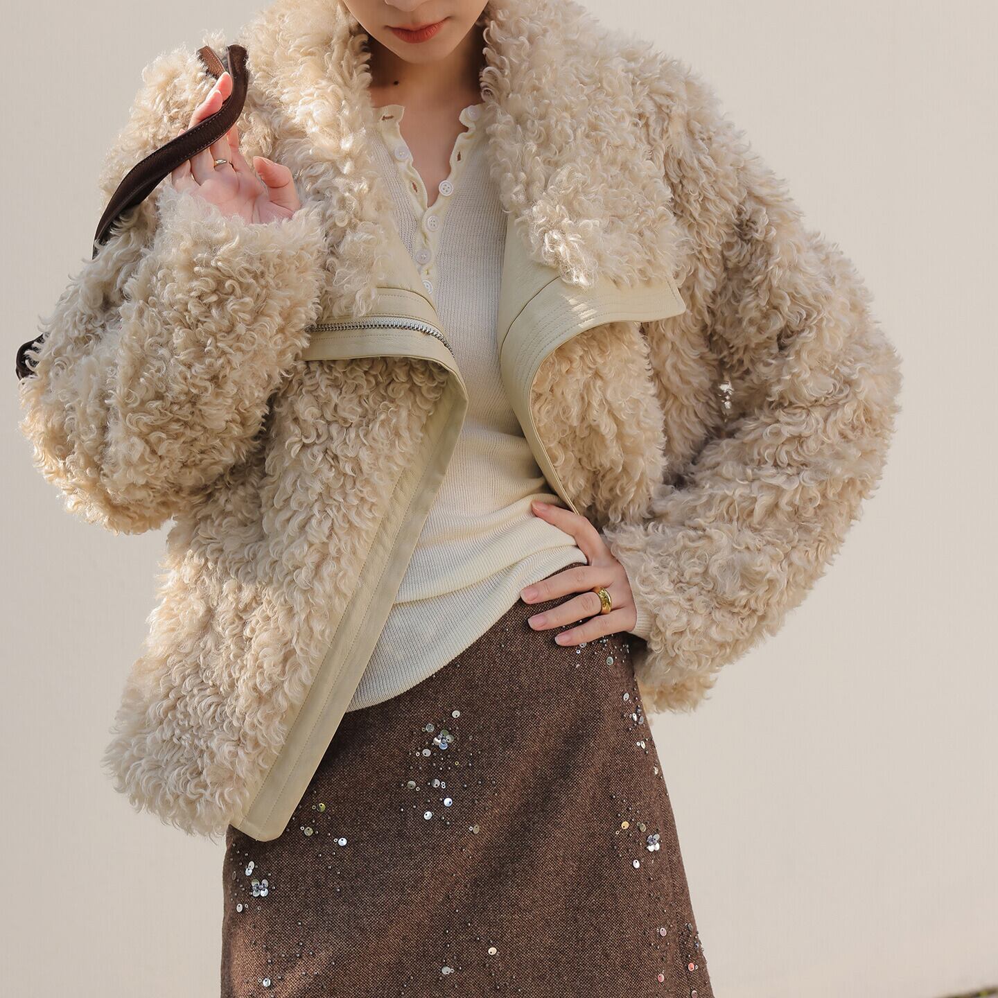 ジップアップ レザー&ファージャケット H10548