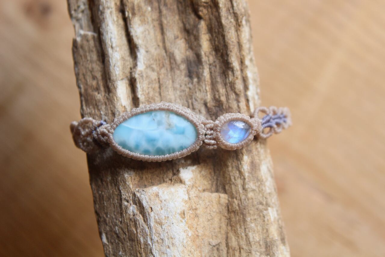 Larimar & Rainbow moonstone micro macrame bracelet