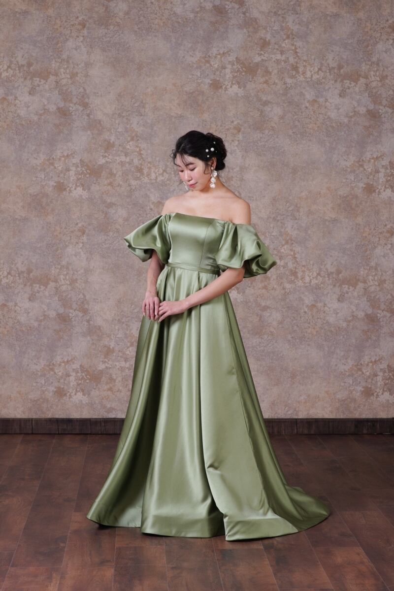 パーティードレス カラードレス グリーン 光沢サテン 前撮り  