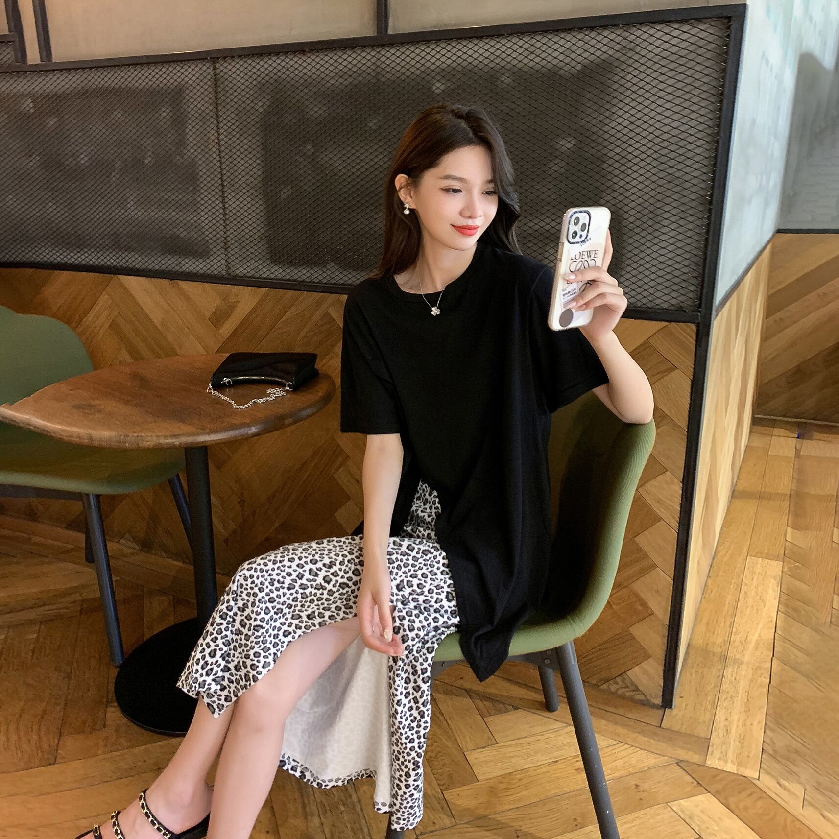 スタイルブラックTシャツ サマースタンダードレオパードプリント柄スカート セット レトロ 夏物 6Du_Shop_Women79071598966