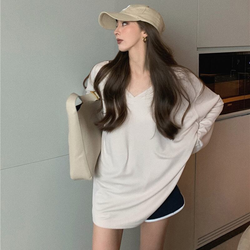 サマーVネックルーズレッドシャツ ソリッド カラーTシャツ レディース 夏物 ソリッドカラー ドラファッションホール44383421490