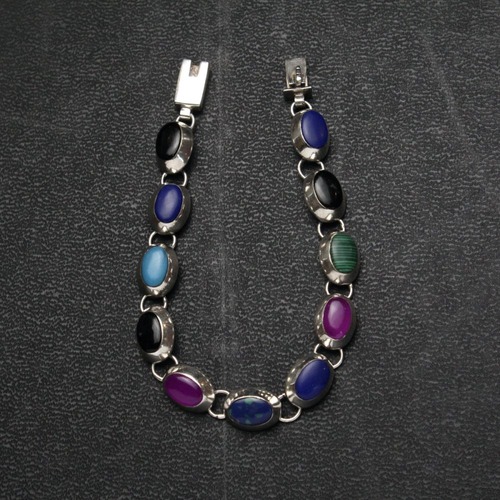 Vintage Multi Stone Silver Chain Bracelet [MEXICO SILVER & Multi Gems] Round Design
